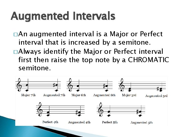 Augmented Intervals � An augmented interval is a Major or Perfect interval that is