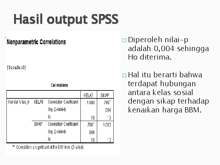 Hasil output SPSS � Diperoleh nilai-p adalah 0, 004 sehingga Ho diterima. � Hal