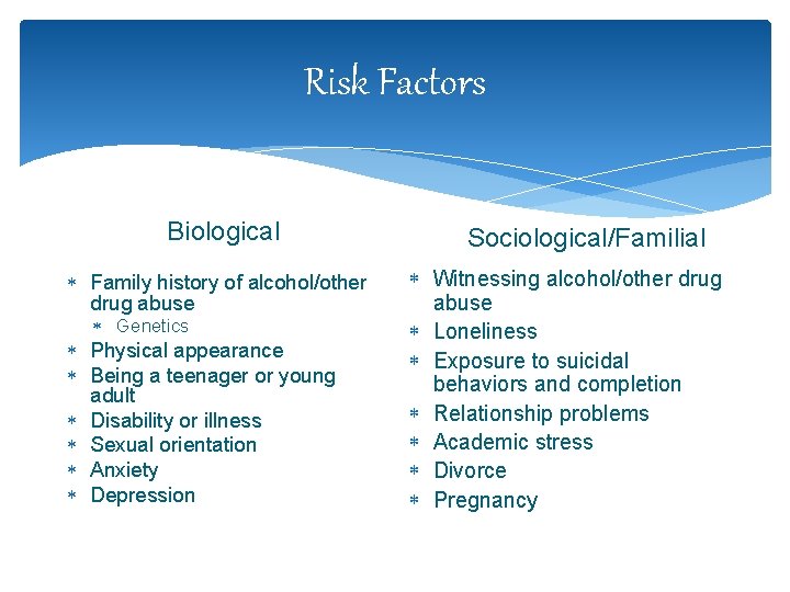 Risk Factors Biological Family history of alcohol/other drug abuse Genetics Physical appearance Being a