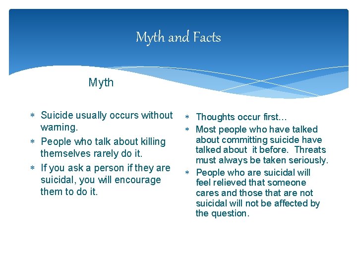 Myth and Facts Myth Suicide usually occurs without warning. People who talk about killing