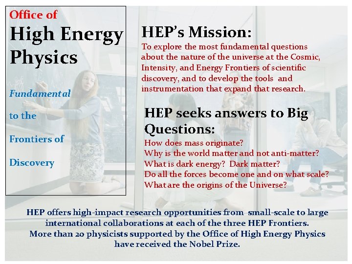 Office of High Energy Physics Fundamental to the Frontiers of Discovery HEP’s Mission: To