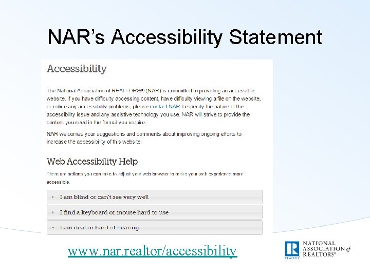 NAR’s Accessibility Statement www. nar. realtor/accessibility 