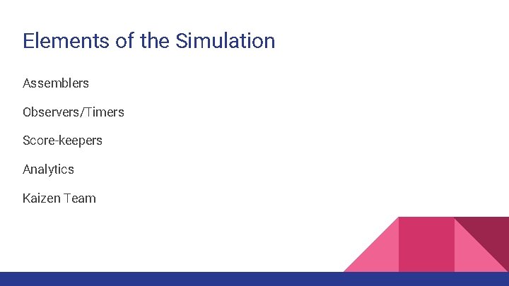 Elements of the Simulation Assemblers Observers/Timers Score-keepers Analytics Kaizen Team Elements of the Simulation Assemblers Observers/Timers Score-keepers Analytics Kaizen Team