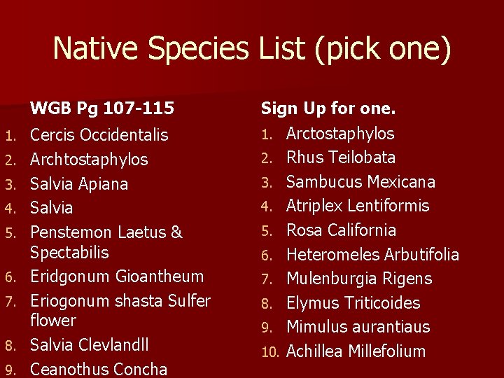 Native Species List (pick one) WGB Pg 107 -115 1. 2. 3. 4. 5.