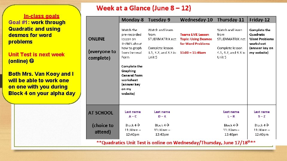 In-class goals Goal #1: work through Quadratic and using desmos for word problems Unit