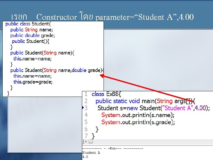 เรยก Constructor โดย parameter=“Student A”, 4. 00 