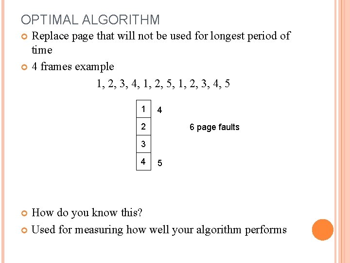 OPTIMAL ALGORITHM Replace page that will not be used for longest period of time