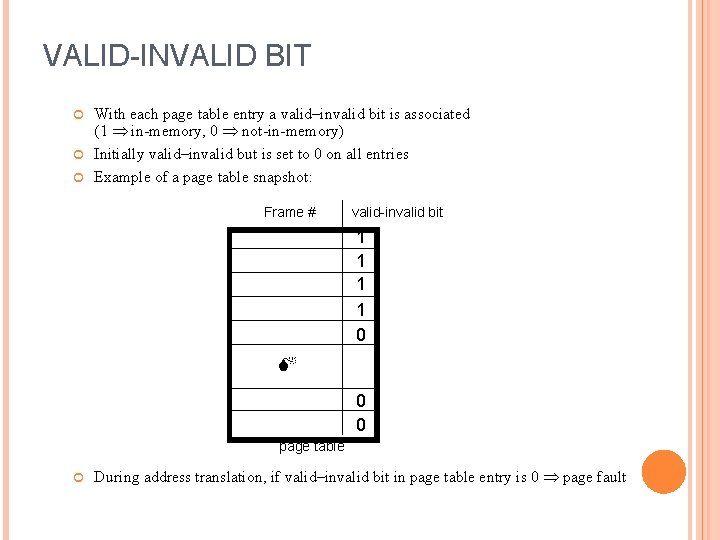 VALID-INVALID BIT With each page table entry a valid–invalid bit is associated (1 in-memory,
