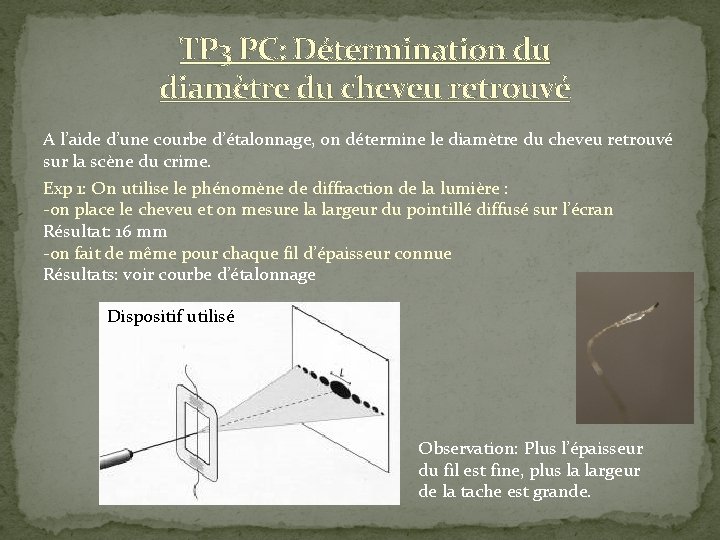 TP 3 PC: Détermination du diamètre du cheveu retrouvé A l’aide d’une courbe d’étalonnage,