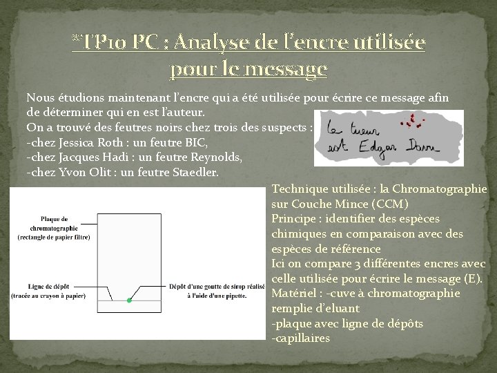 *TP 10 PC : Analyse de l’encre utilisée pour le message Nous étudions maintenant