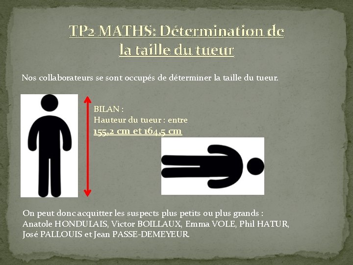 TP 2 MATHS: Détermination de la taille du tueur Nos collaborateurs se sont occupés