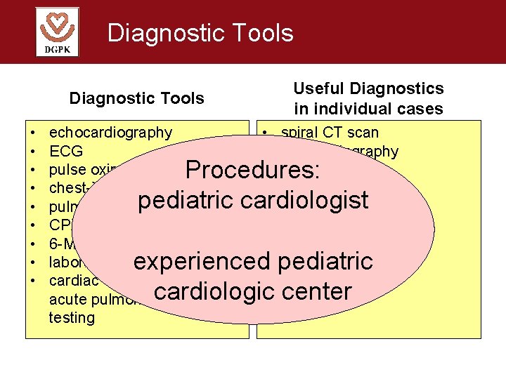 Diagnostic Tools Useful Diagnostics in individual cases Diagnostic Tools • • • echocardiography ECG