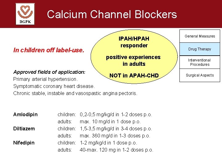 Calcium Channel Blockers In children off label-use. IPAH/HPAH responder positive experiences in adults Approved