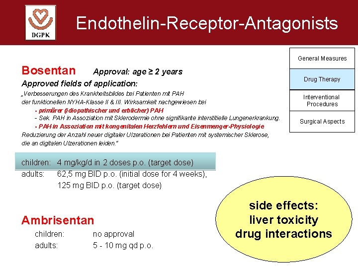 Endothelin-Receptor-Antagonists General Measures Bosentan Approval: age ≥ 2 years Drug Therapy Approved fields of