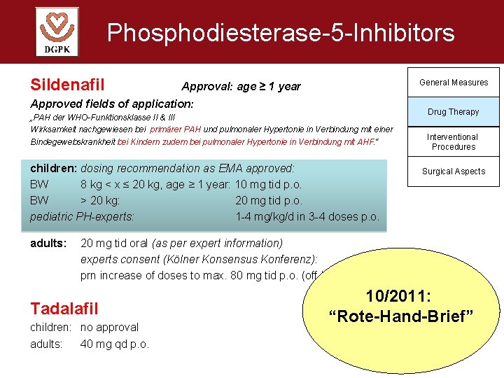 Phosphodiesterase-5 -Inhibitors Sildenafil General Measures Approval: age ≥ 1 year Approved fields of application: