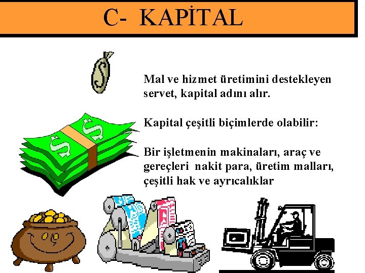 C- KAPİTAL Mal ve hizmet üretimini destekleyen servet, kapital adını alır. Kapital çeşitli biçimlerde