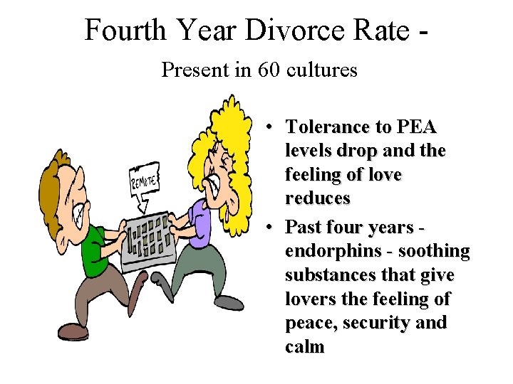 Fourth Year Divorce Rate Present in 60 cultures • Tolerance to PEA levels drop Fourth Year Divorce Rate Present in 60 cultures • Tolerance to PEA levels drop