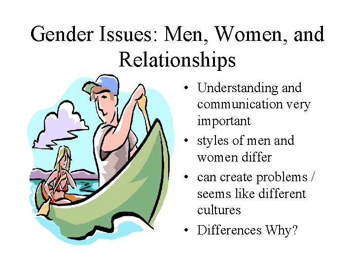 Gender Issues: Men, Women, and Relationships • Understanding and communication very important • styles Gender Issues: Men, Women, and Relationships • Understanding and communication very important • styles
