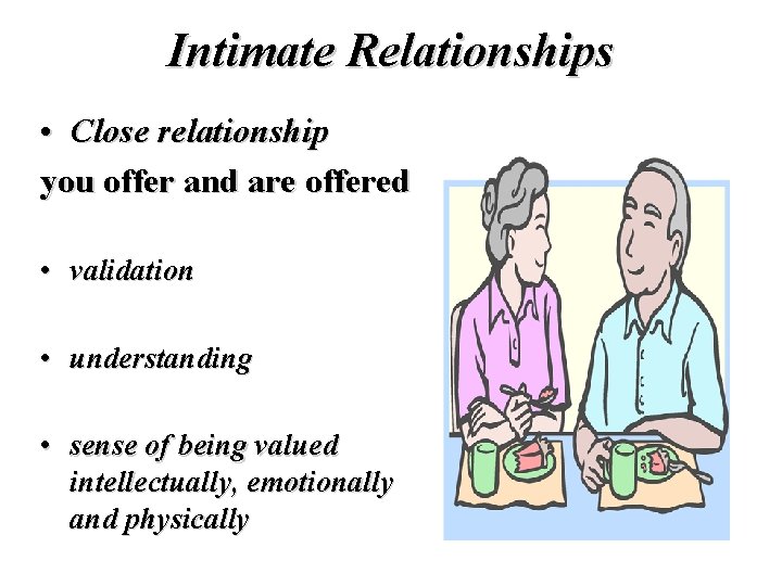 Intimate Relationships • Close relationship you offer and are offered • validation • understanding Intimate Relationships • Close relationship you offer and are offered • validation • understanding