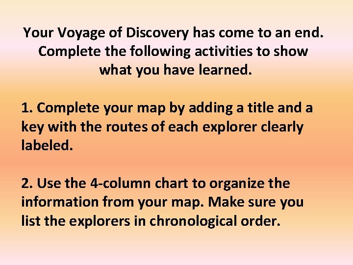 Your Voyage of Discovery has come to an end. Complete the following activities to