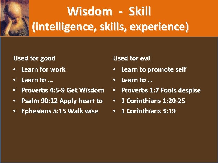 Wisdom - Skill (intelligence, skills, experience) Used for good • Learn for work •