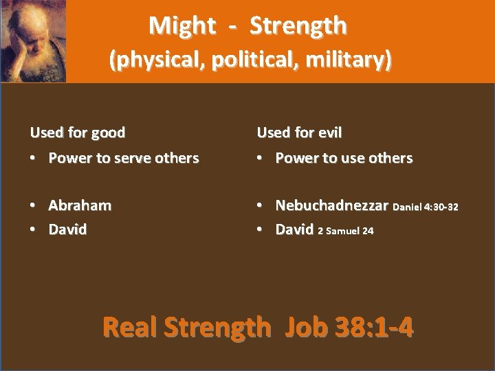 Might - Strength (physical, political, military) Used for good • Power to serve others