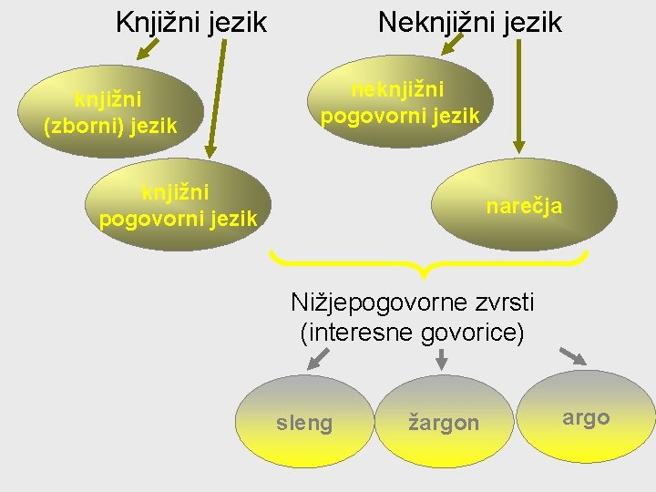 Knjižni jezik knjižni (zborni) jezik Neknjižni jezik neknjižni pogovorni jezik narečja Nižjepogovorne zvrsti (interesne