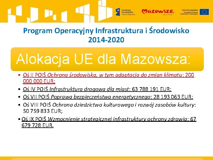 Program Operacyjny Infrastruktura i Środowisko 2014 -2020 Alokacja UE dla Mazowsza: • Oś II