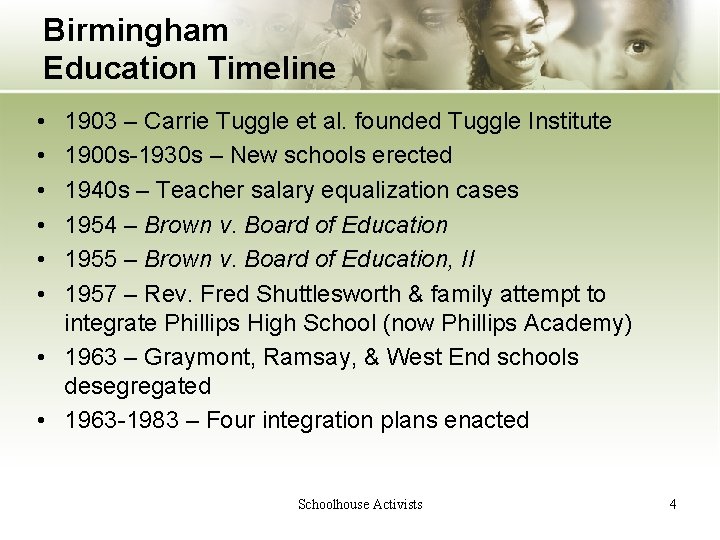 Birmingham Education Timeline • • • 1903 – Carrie Tuggle et al. founded Tuggle