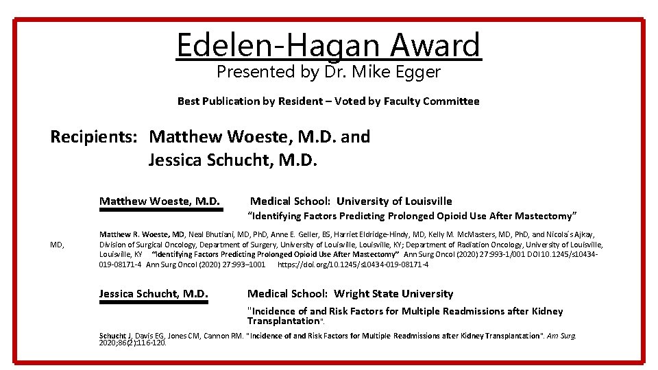 Edelen-Hagan Award Presented by Dr. Mike Egger Best Publication by Resident – Voted by