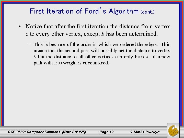 First Iteration of Ford’s Algorithm (cont. ) • Notice that after the first iteration