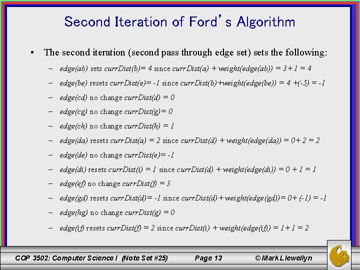 Second Iteration of Ford’s Algorithm • The second iteration (second pass through edge set)