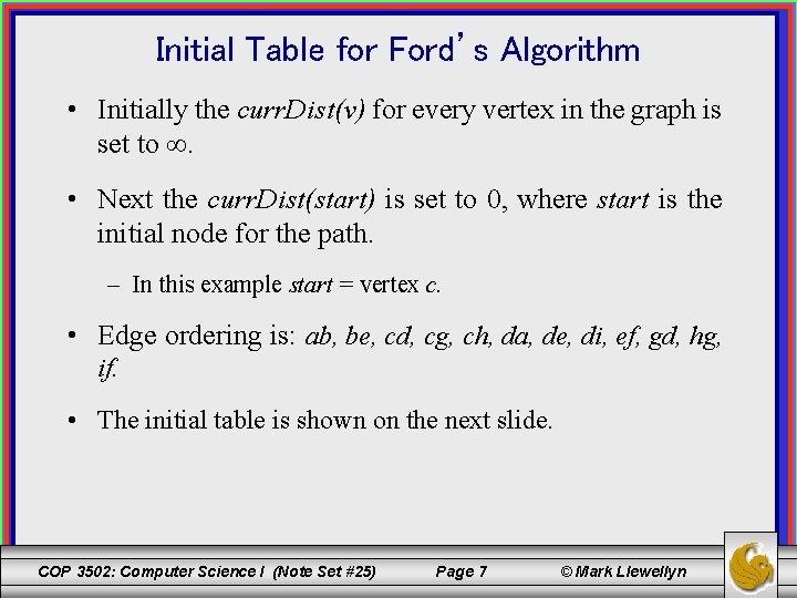 Initial Table for Ford’s Algorithm • Initially the curr. Dist(v) for every vertex in