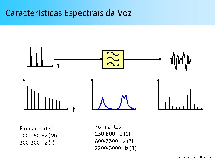 Características Espectrais da Voz t f Fundamental: 100 -150 Hz (M) 200 -300 Hz