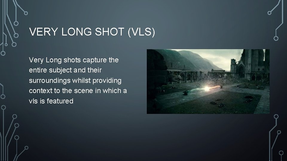 VERY LONG SHOT (VLS) Very Long shots capture the entire subject and their surroundings VERY LONG SHOT (VLS) Very Long shots capture the entire subject and their surroundings