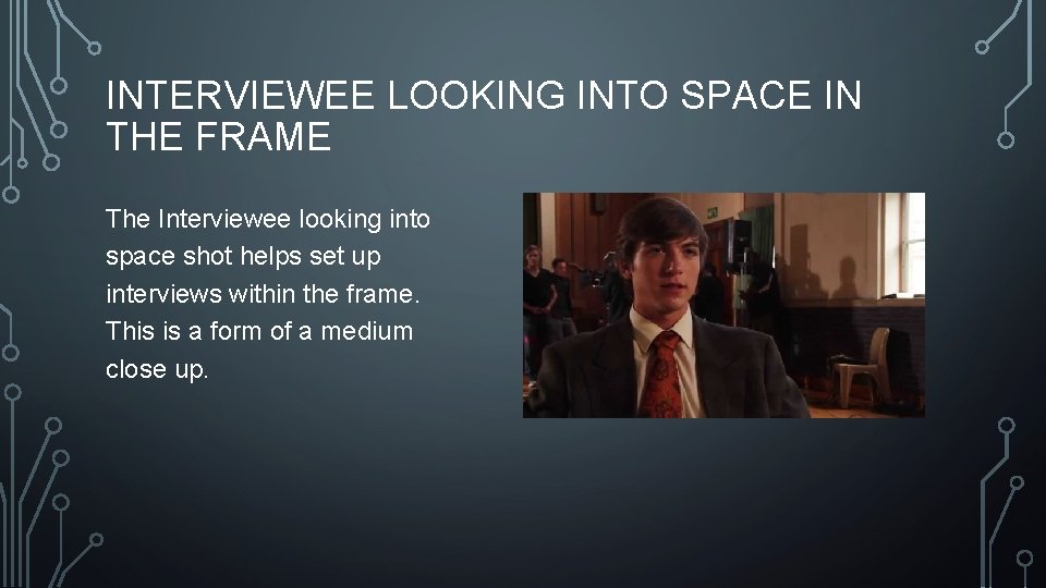 INTERVIEWEE LOOKING INTO SPACE IN THE FRAME The Interviewee looking into space shot helps INTERVIEWEE LOOKING INTO SPACE IN THE FRAME The Interviewee looking into space shot helps