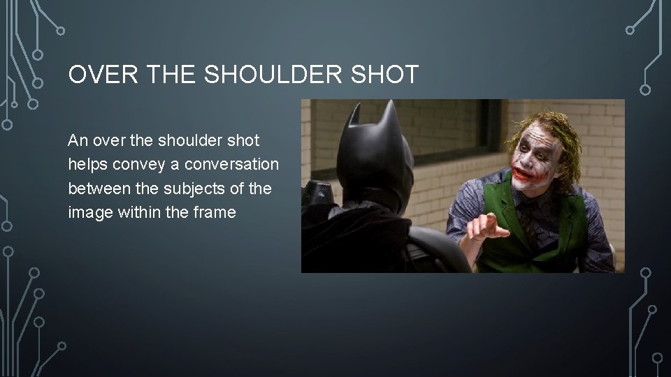 OVER THE SHOULDER SHOT An over the shoulder shot helps convey a conversation between OVER THE SHOULDER SHOT An over the shoulder shot helps convey a conversation between