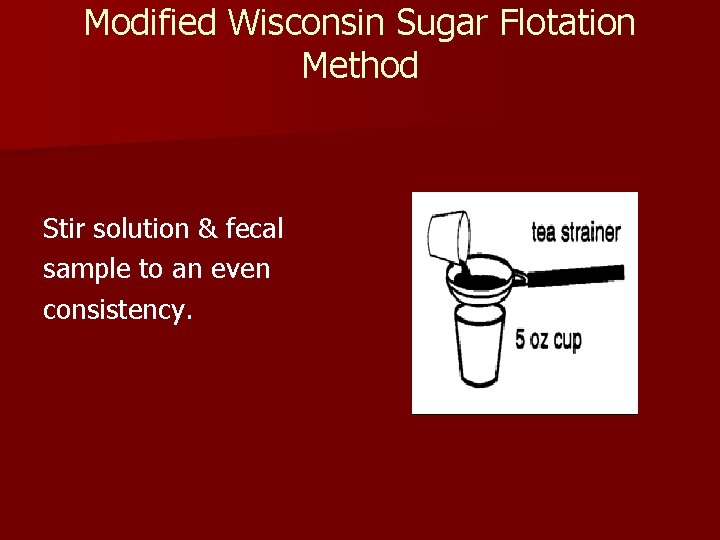 Modified Wisconsin Sugar Flotation Method Stir solution & fecal sample to an even consistency. Modified Wisconsin Sugar Flotation Method Stir solution & fecal sample to an even consistency.