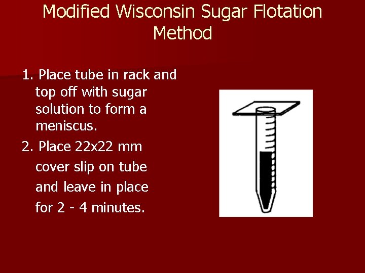 Modified Wisconsin Sugar Flotation Method 1. Place tube in rack and top off with Modified Wisconsin Sugar Flotation Method 1. Place tube in rack and top off with
