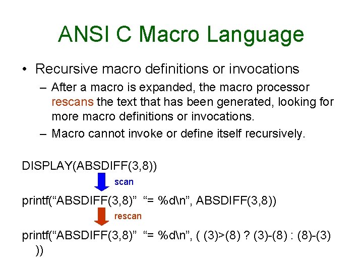 ANSI C Macro Language • Recursive macro definitions or invocations – After a macro