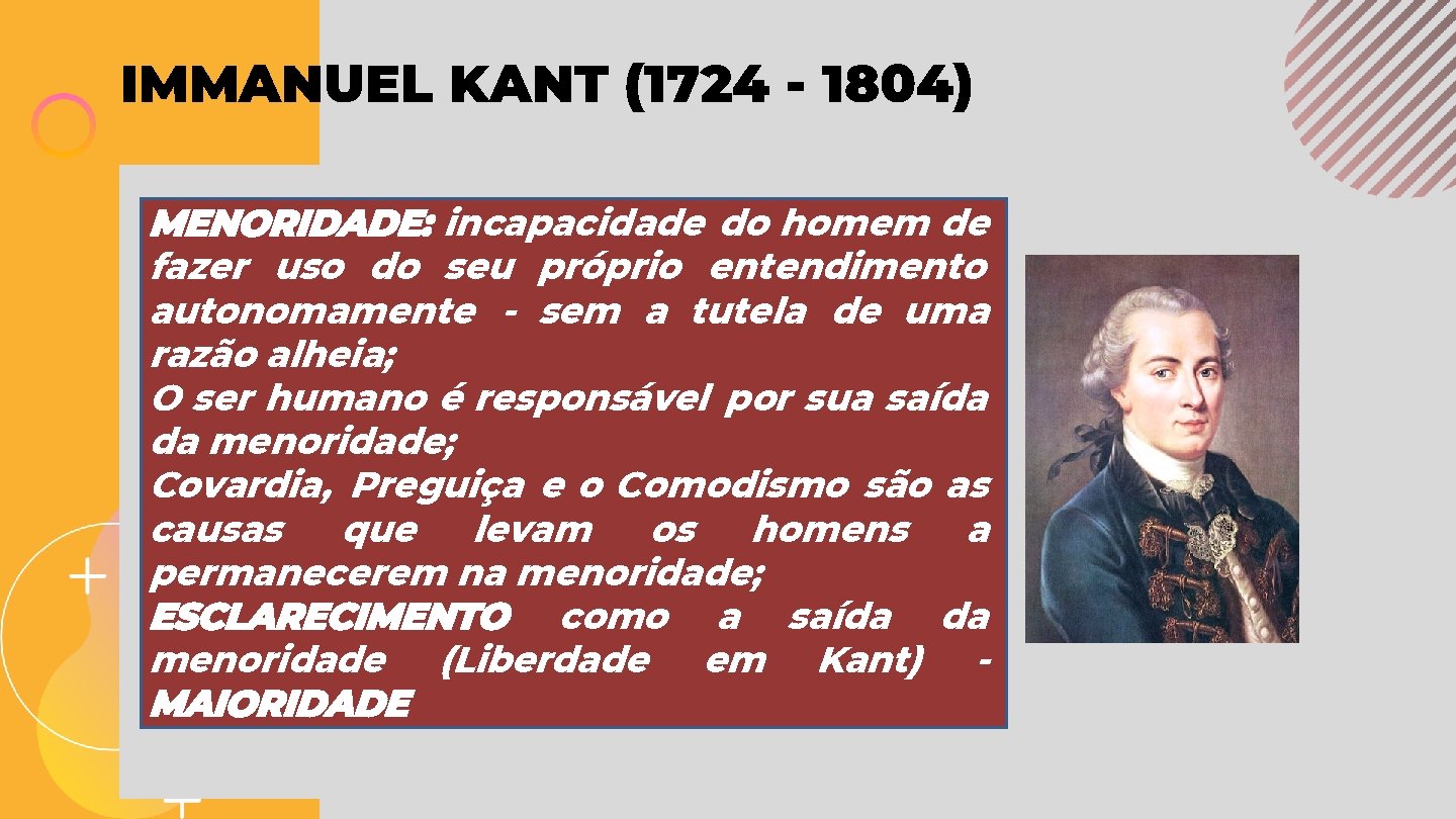 IMMANUEL KANT (1724 - 1804) MENORIDADE: incapacidade do homem de fazer uso do seu