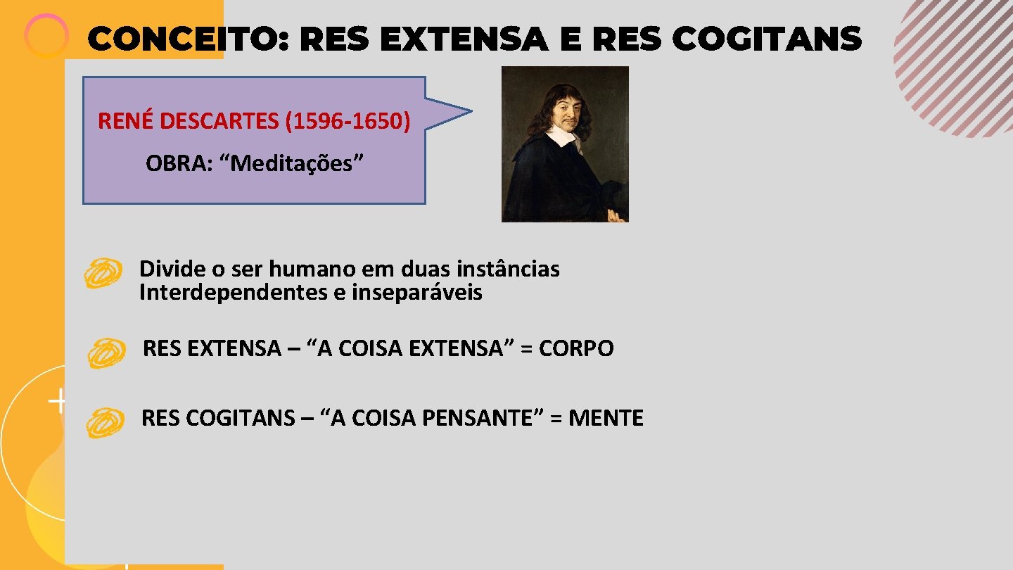 CONCEITO: RES EXTENSA E RES COGITANS RENÉ DESCARTES (1596 -1650) OBRA: “Meditações” Divide o