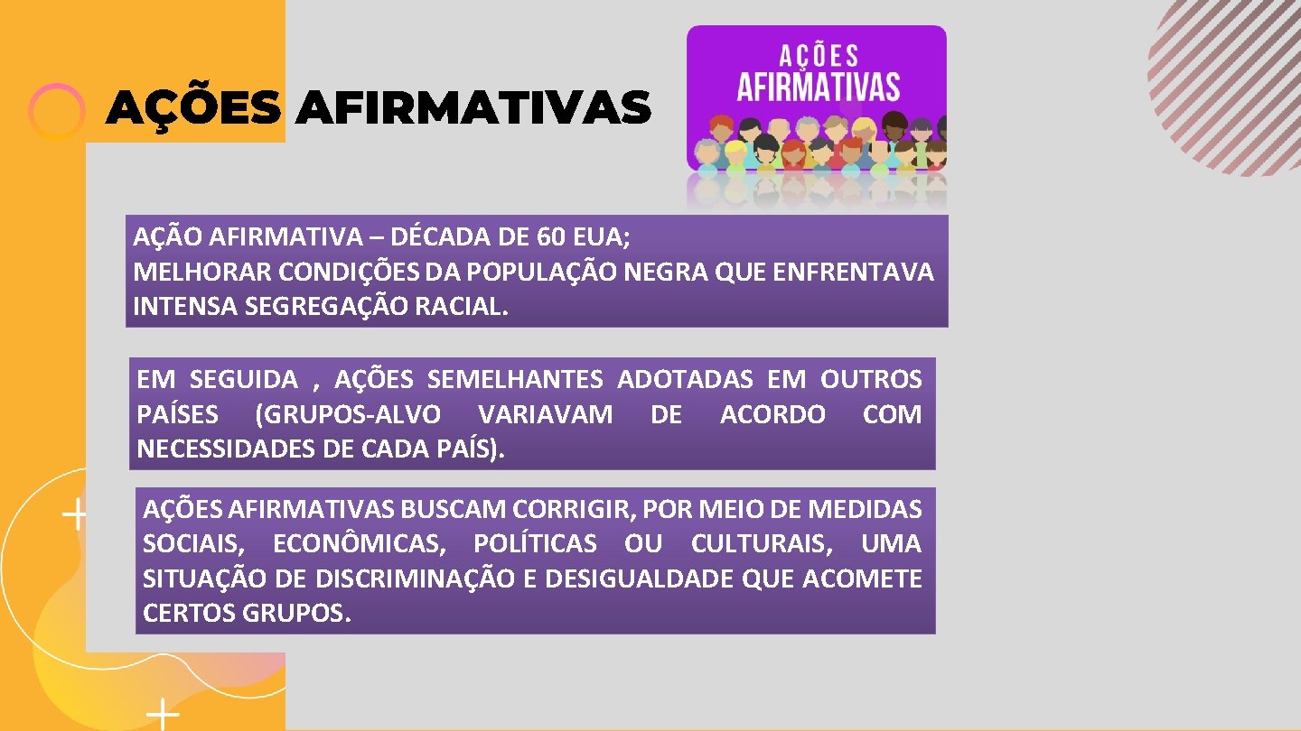 AÇÕES AFIRMATIVAS AÇÃO AFIRMATIVA – DÉCADA DE 60 EUA; MELHORAR CONDIÇÕES DA POPULAÇÃO NEGRA