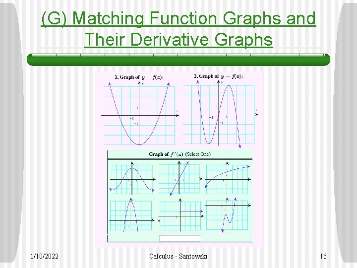 (G) Matching Function Graphs and Their Derivative Graphs 1/10/2022 Calculus - Santowski 16 