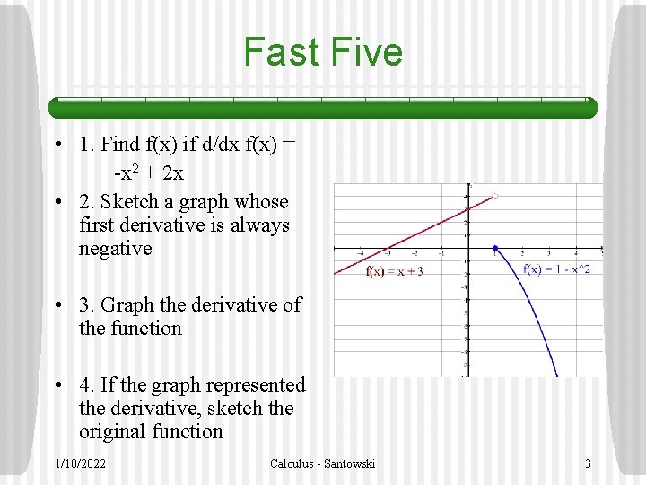 Fast Five • 1. Find f(x) if d/dx f(x) = -x 2 + 2