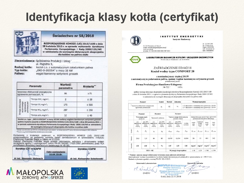 Identyfikacja klasy kotła (certyfikat) 