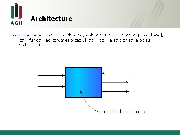 Architecture architecture – obiekt zawierający opis zawartości jednostki projektowej, czyli funkcji realizowanej przez układ.