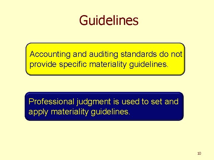 Guidelines Accounting and auditing standards do not provide specific materiality guidelines. Professional judgment is