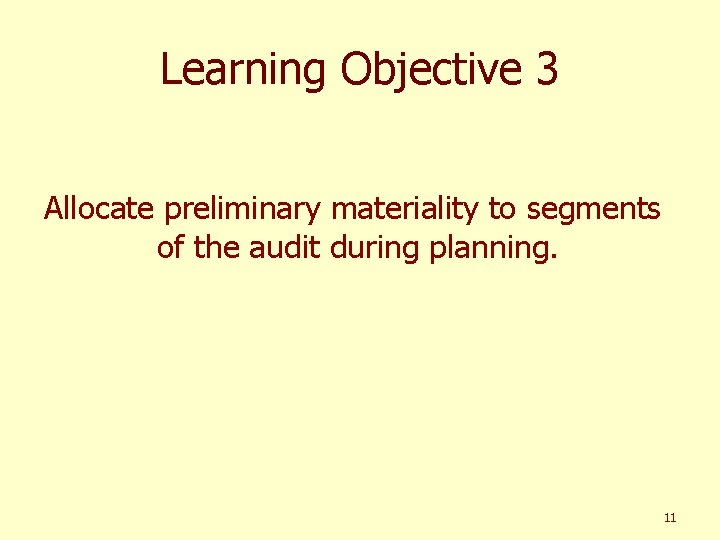 Learning Objective 3 Allocate preliminary materiality to segments of the audit during planning. 11