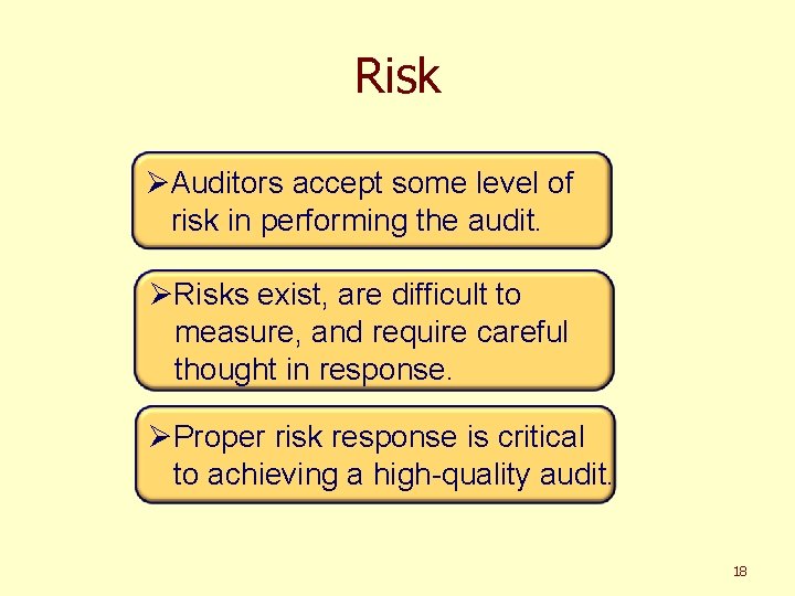 Risk ØAuditors accept some level of risk in performing the audit. ØRisks exist, are